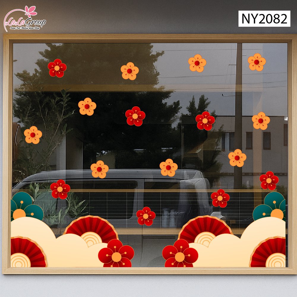 Decal Trang Tr&iacute; Tết Ch&acirc;n Tường Kh&oacute;m M&acirc;y Quạt Giấy Hoa Ph&uacute; Qu&yacute;