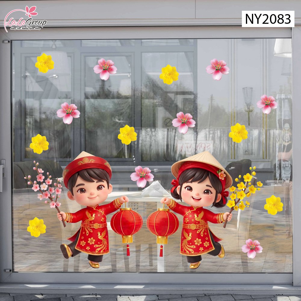 Decal Trang Tr&iacute; Tết Cặp B&eacute; Ch&uacute;c Tết Đ&oacute;n Xu&acirc;n Ph&uacute; Qu&yacute;