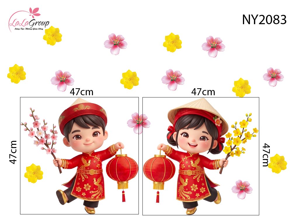 Decal Trang Tr&iacute; Tết Cặp B&eacute; Ch&uacute;c Tết Đ&oacute;n Xu&acirc;n Ph&uacute; Qu&yacute;
