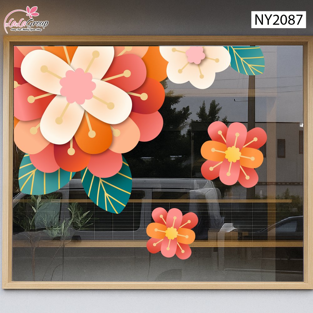 Decal Trang Tr&iacute; Tết Viền G&oacute;c K&iacute;nh Hoa Khai Ph&uacute; Qu&yacute;