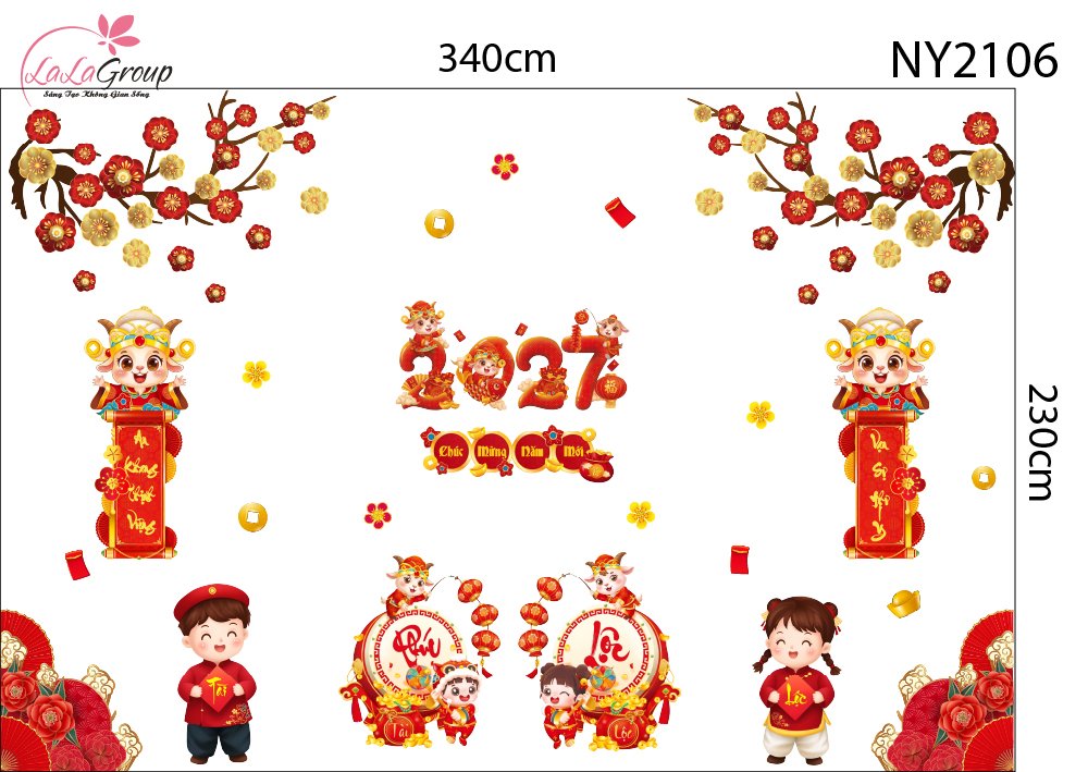 Combo Decal Trang Tr&iacute; Tết 2027 Hai B&eacute; Vui Xu&acirc;n Ch&uacute;c Tết Ph&uacute;c Lộc Tr&agrave;n Đầy