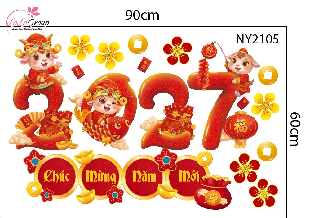 Combo Decal Trang Tr&iacute; Tết 2027 Hai B&eacute; Vui Xu&acirc;n Ch&uacute;c Tết Ph&uacute;c Lộc Tr&agrave;n Đầy