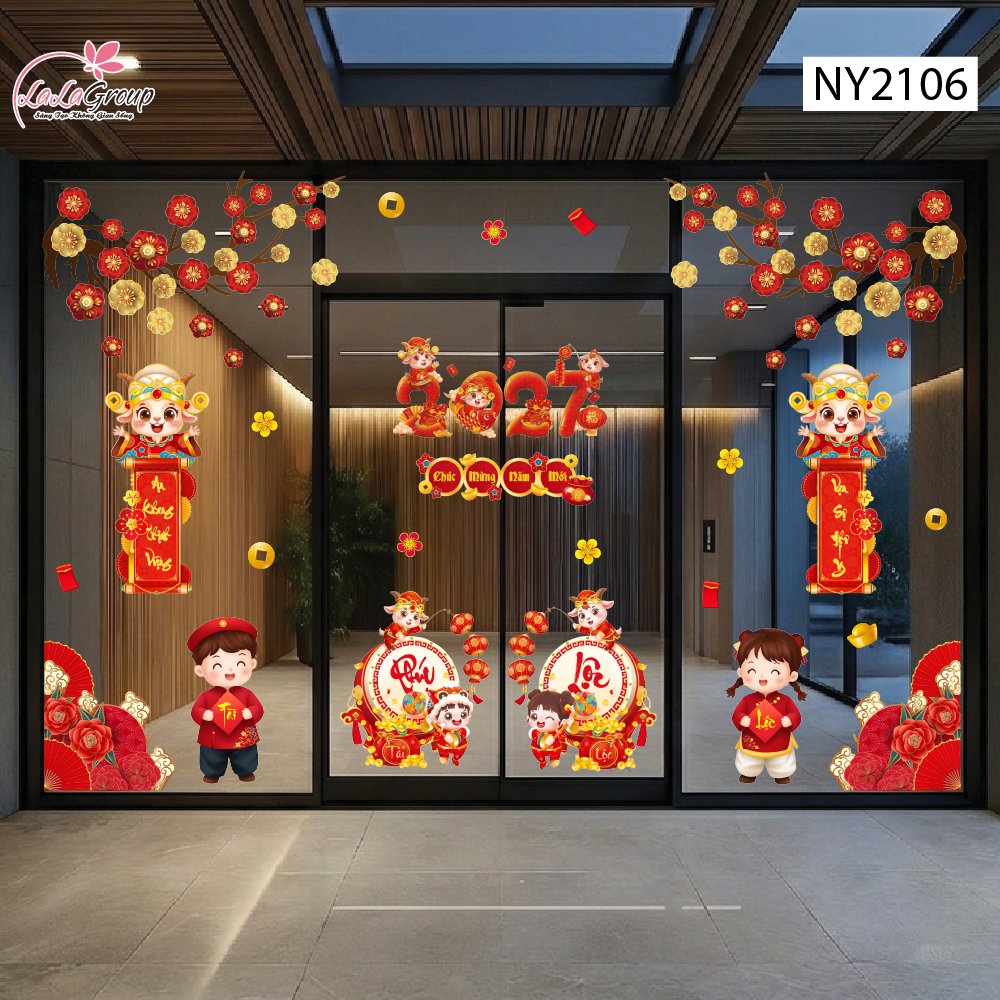 Combo Decal Trang Tr&iacute; Tết 2027 Hai B&eacute; Vui Xu&acirc;n Ch&uacute;c Tết Ph&uacute;c Lộc Tr&agrave;n Đầy