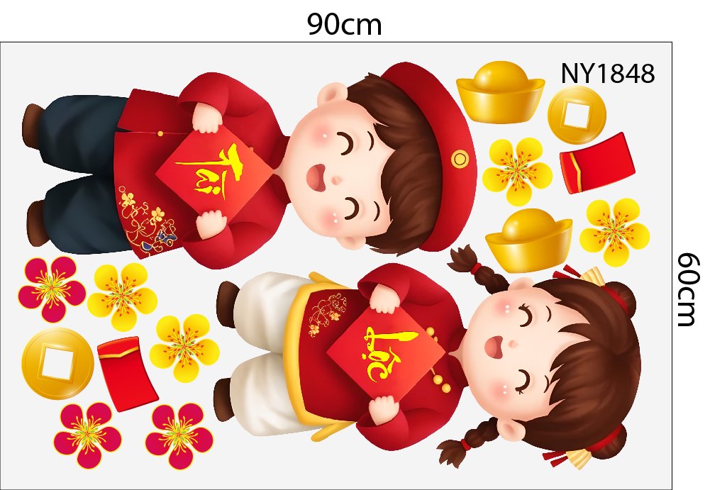 Combo Decal Trang Tr&iacute; Tết 2027 Hai B&eacute; Vui Xu&acirc;n Ch&uacute;c Tết Ph&uacute;c Lộc Tr&agrave;n Đầy