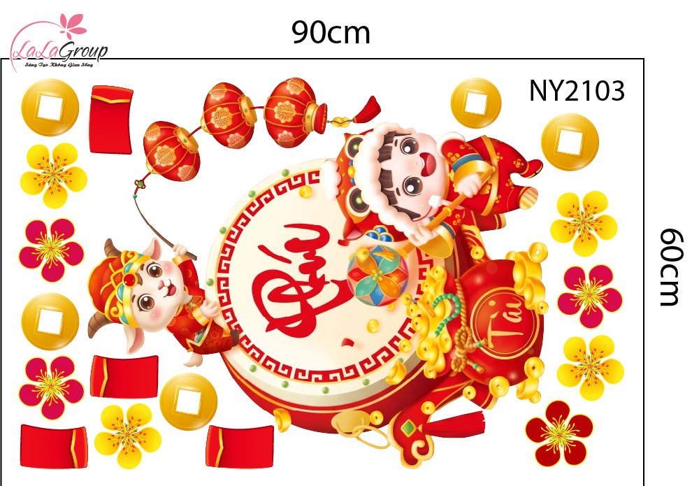 Combo Decal Trang Tr&iacute; Tết 2027 Hai B&eacute; Vui Xu&acirc;n Ch&uacute;c Tết Ph&uacute;c Lộc Tr&agrave;n Đầy