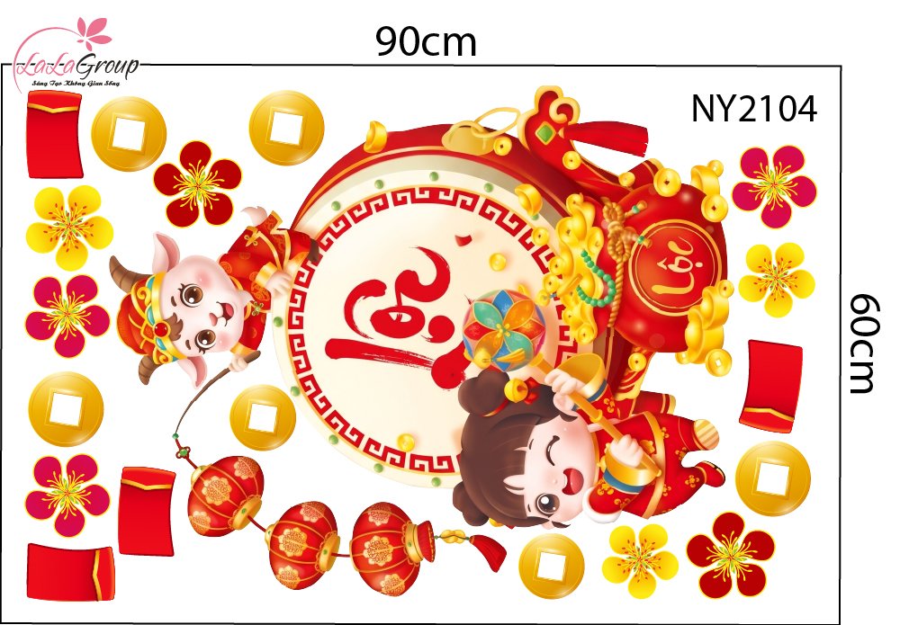 Combo Decal Trang Tr&iacute; Tết 2027 Hai B&eacute; Vui Xu&acirc;n Ch&uacute;c Tết Ph&uacute;c Lộc Tr&agrave;n Đầy