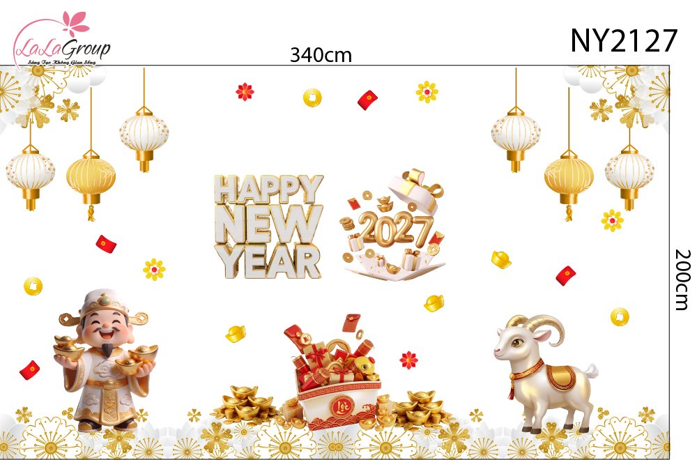 Combo Decal Trang Tr&iacute; Tết 2027  Kim M&ugrave;i Ho&agrave;ng Kim V&agrave; Thần T&agrave;i An Khang