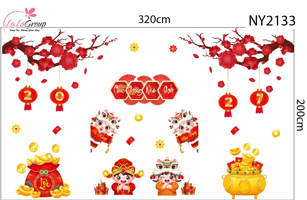 Combo Decal Trang Tr&iacute; Tết 2027 Song L&acirc;n Ph&uacute;c Lộc V&agrave; Hai B&eacute; Vui Xu&acirc;n