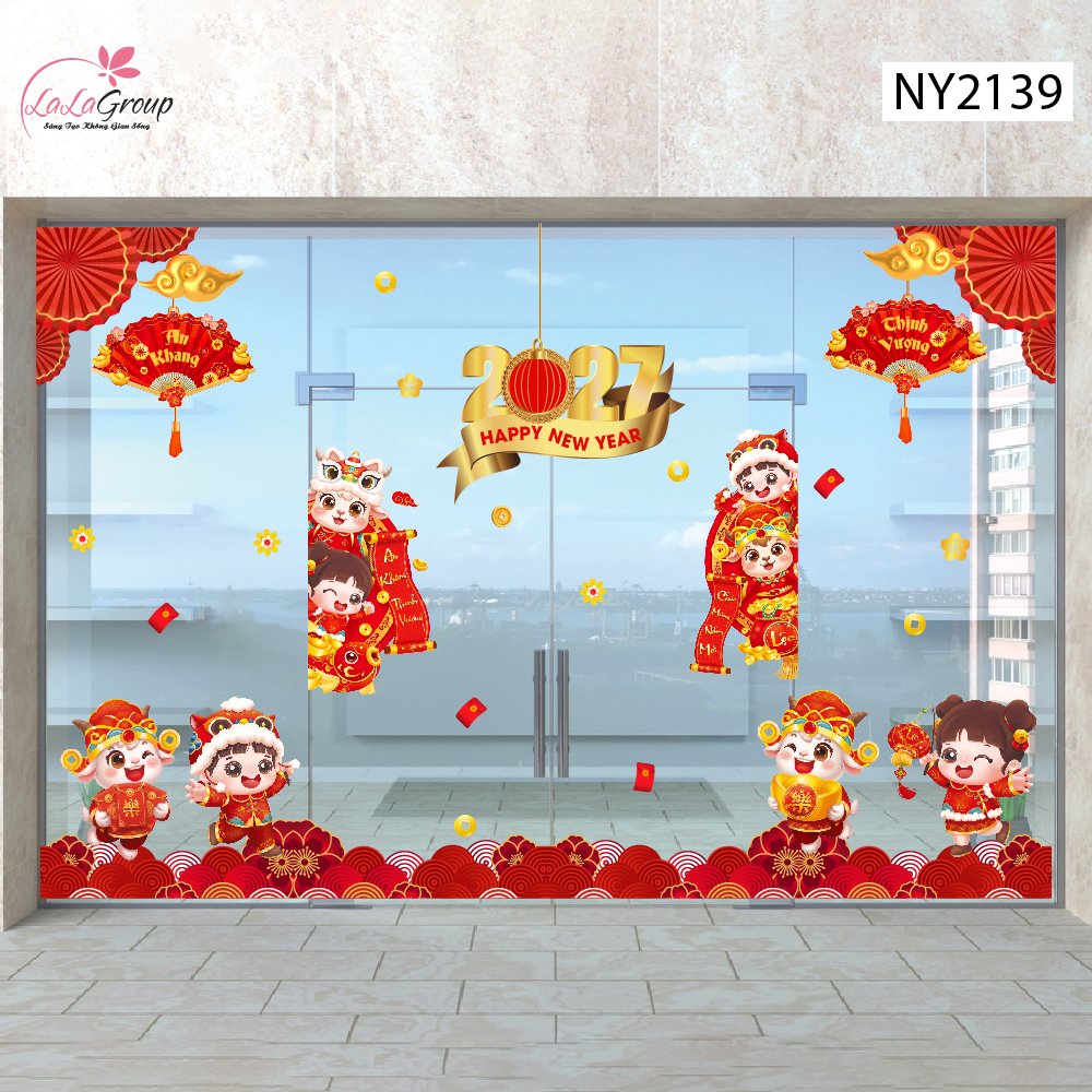 Combo Decal Trang Tr&iacute; Tết 2027 Song M&ugrave;i V&agrave; C&aacute;c Bạn Vui M&uacute;a L&acirc;n Đ&oacute;n Xu&acirc;n