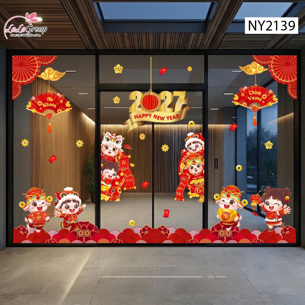 Combo Decal Trang Tr&iacute; Tết 2027 Song M&ugrave;i V&agrave; C&aacute;c Bạn Vui M&uacute;a L&acirc;n Đ&oacute;n Xu&acirc;n