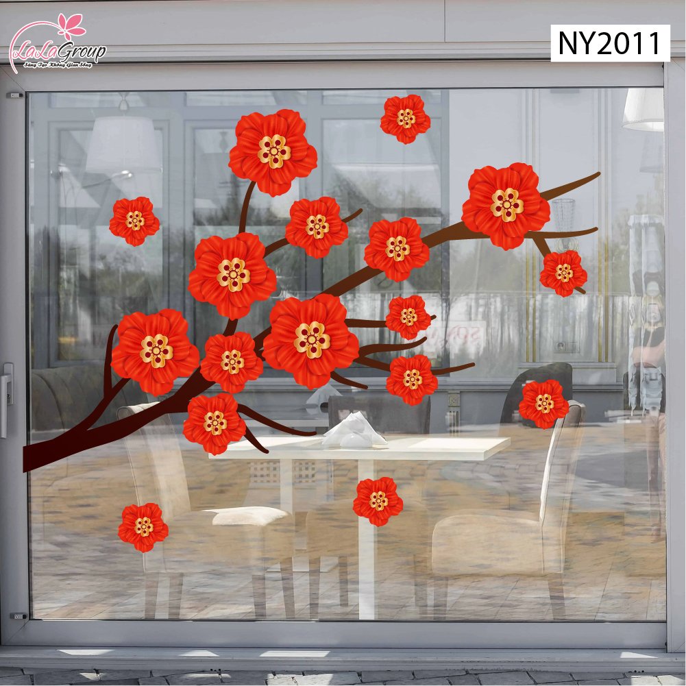 Decal Trang Tr&iacute; Tết Đinh M&ugrave;i C&agrave;nh Hoa Đỏ Ph&uacute; Qu&yacute;
