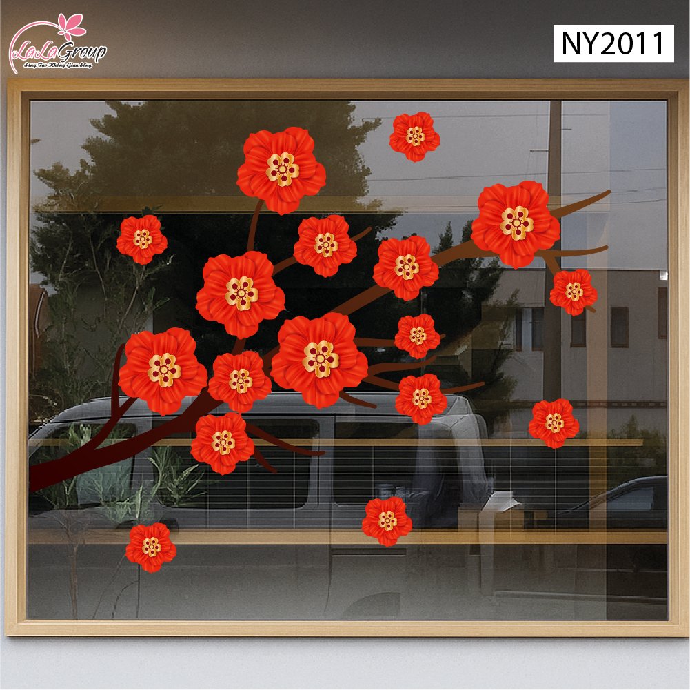 Decal Trang Tr&iacute; Tết Đinh M&ugrave;i C&agrave;nh Hoa Đỏ Ph&uacute; Qu&yacute;