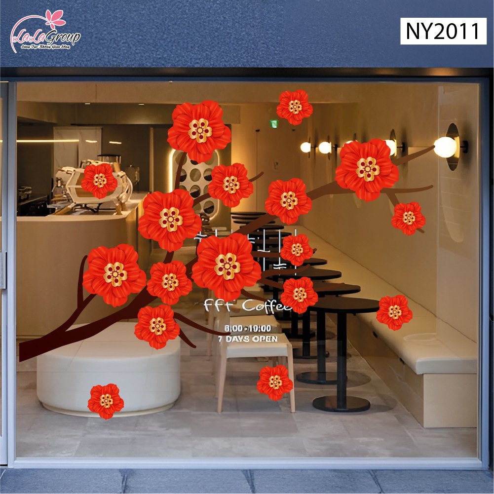Decal Trang Tr&iacute; Tết Đinh M&ugrave;i C&agrave;nh Hoa Đỏ Ph&uacute; Qu&yacute;