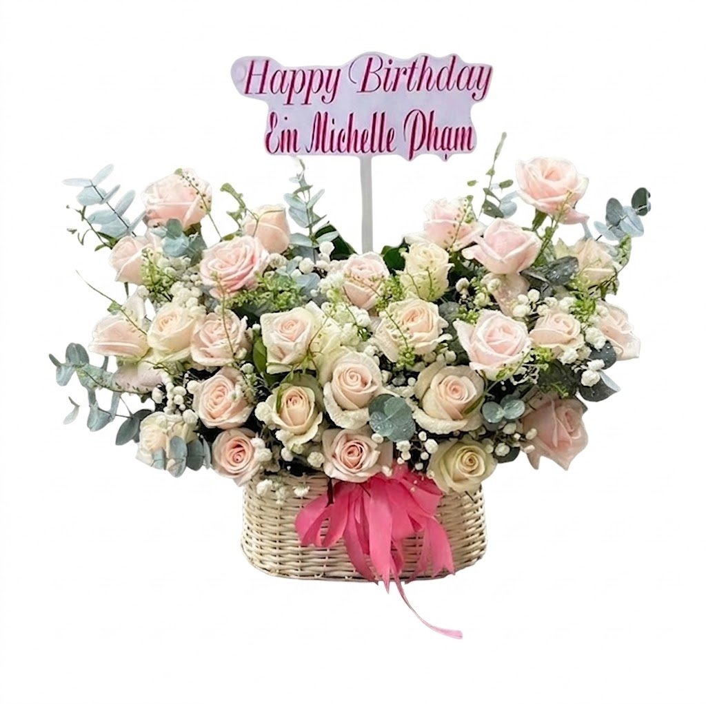 Giỏ Hoa Hồng Phấn Mix Baby Thanh Lịch