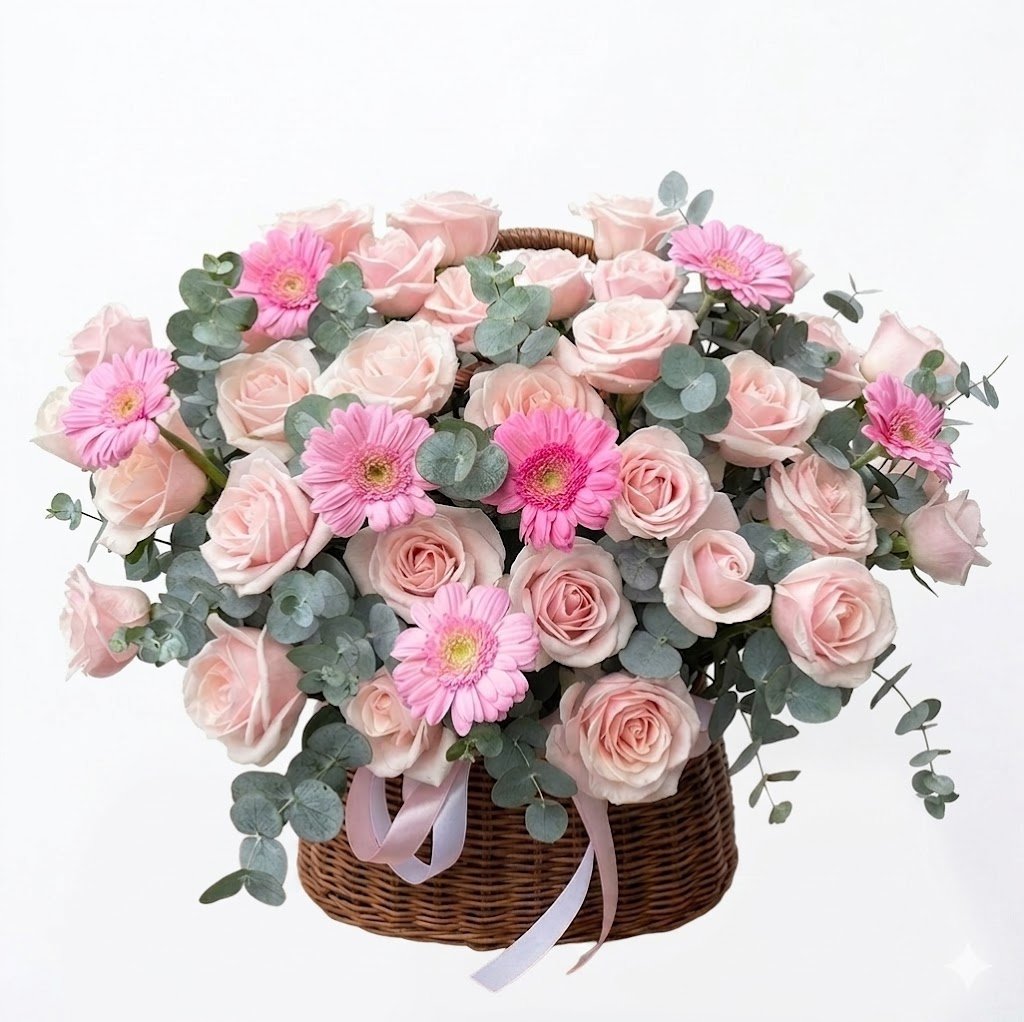 Giỏ Hoa Hồng Tươi Mix C&uacute;c Đồng Tiền Trong Trẻo