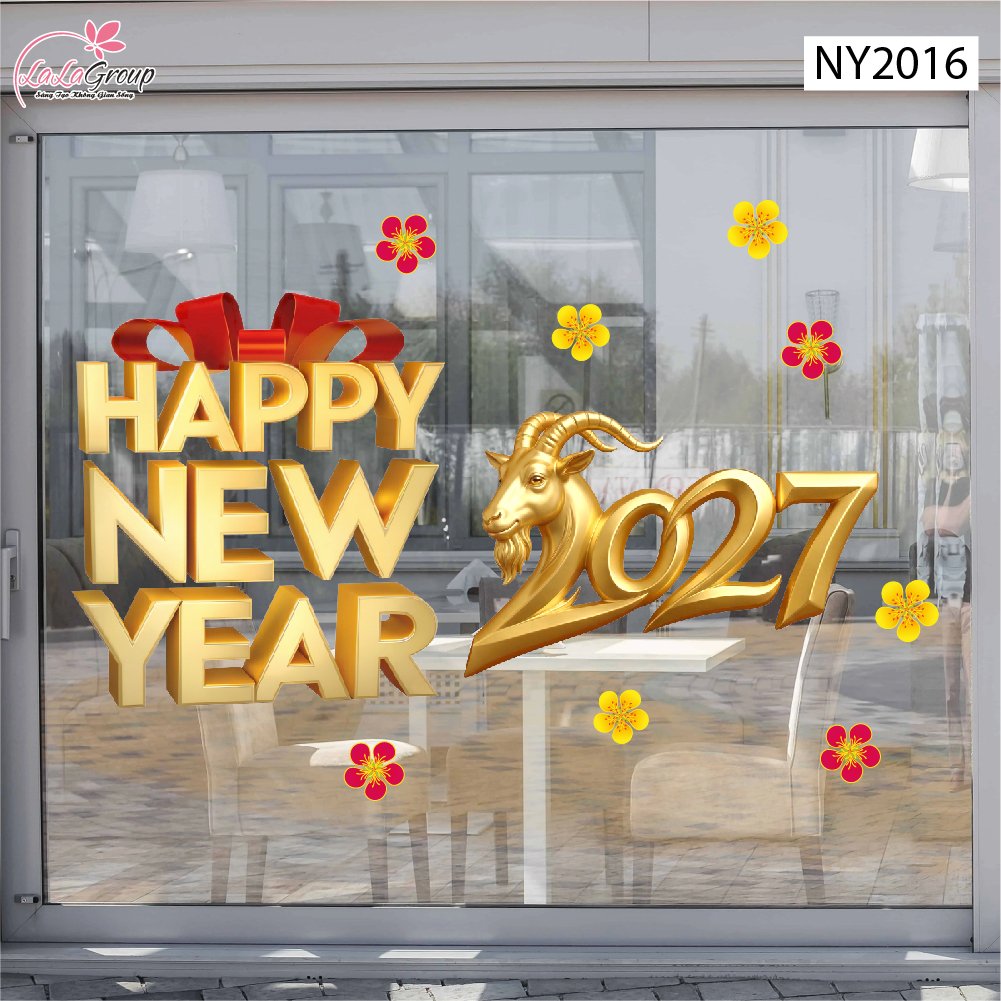 Decal Trang Tr&iacute; Tết 2027 Happy New Year Đinh M&ugrave;i Hoa Xu&acirc;n May Mắn