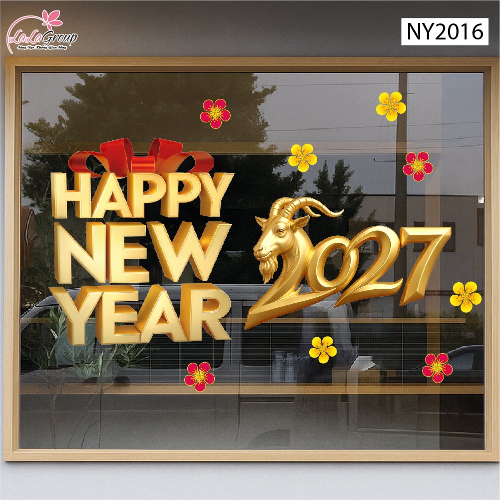 Decal Trang Tr&iacute; Tết 2027 Happy New Year Đinh M&ugrave;i Hoa Xu&acirc;n May Mắn