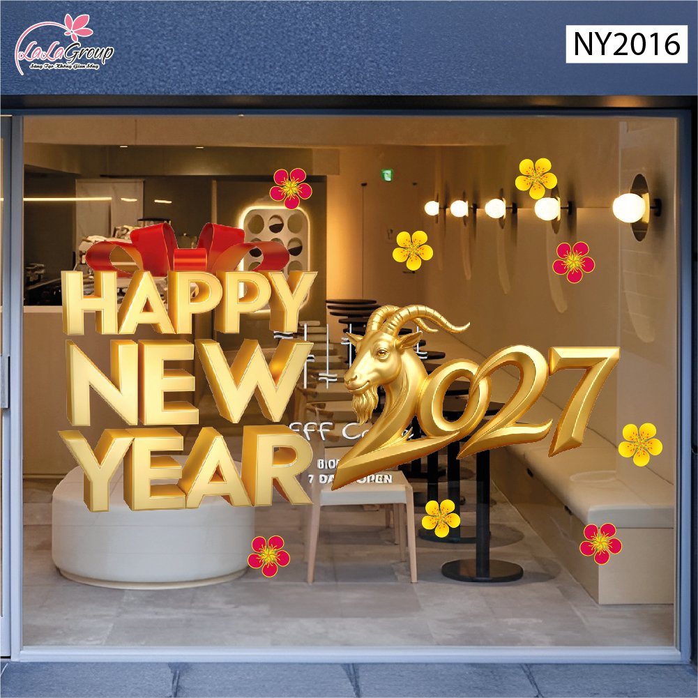 Decal Trang Tr&iacute; Tết 2027 Happy New Year Đinh M&ugrave;i Hoa Xu&acirc;n May Mắn