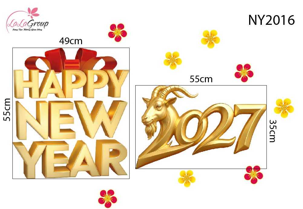 Decal Trang Tr&iacute; Tết 2027 Happy New Year Đinh M&ugrave;i Hoa Xu&acirc;n May Mắn