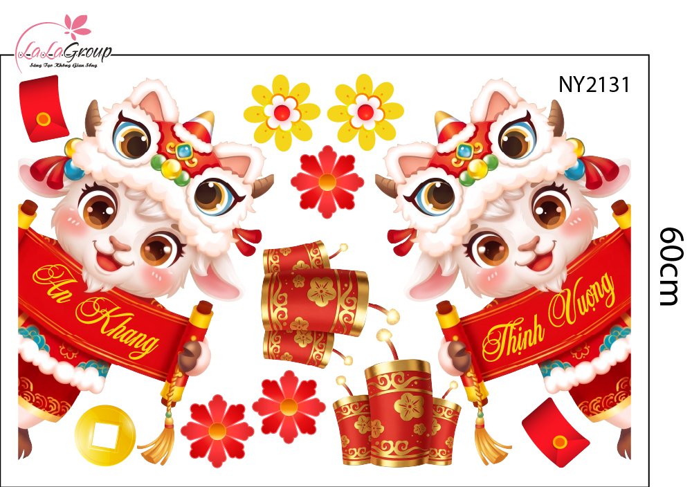 Decal Trang Tr&iacute; Tết Cặp D&ecirc; Khai Xu&acirc;n Ph&uacute; Qu&yacute;