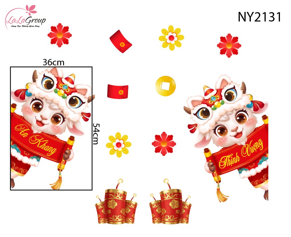 Decal Trang Tr&iacute; Tết Cặp D&ecirc; Khai Xu&acirc;n Ph&uacute; Qu&yacute;