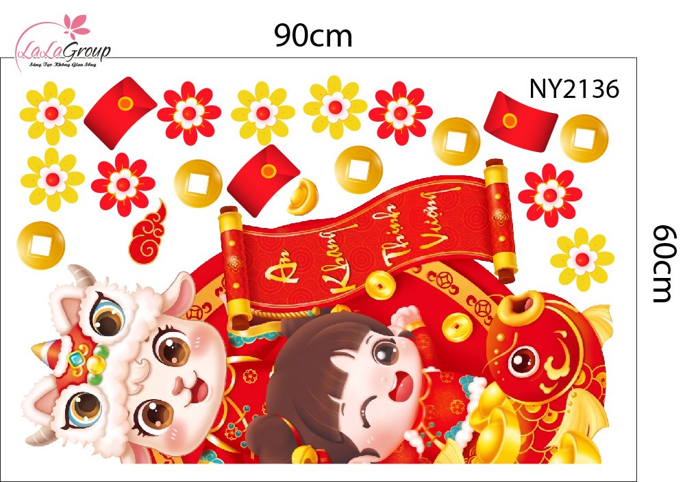 Decal Trang Tr&iacute; Tết D&ecirc; Con V&agrave; B&eacute; G&aacute;i Cầm Liễn An Khang Thịnh Vượng