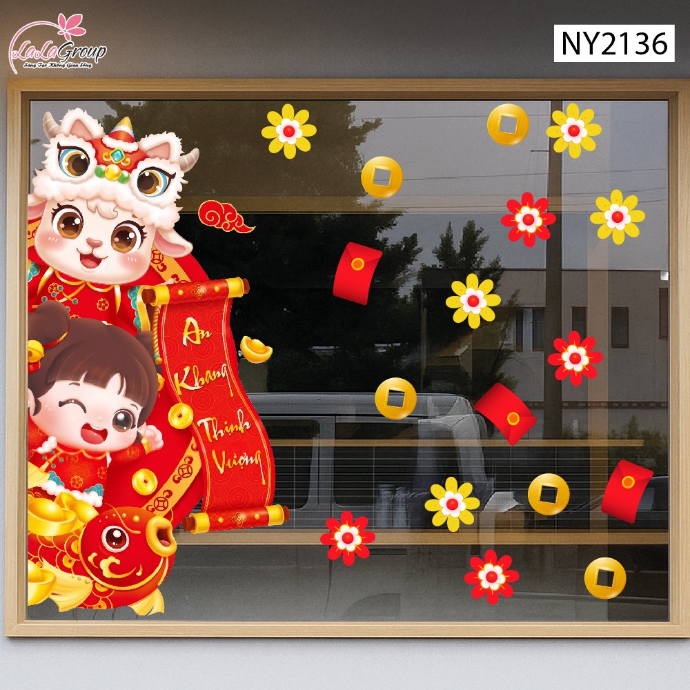 Decal Trang Tr&iacute; Tết D&ecirc; Con V&agrave; B&eacute; G&aacute;i Cầm Liễn An Khang Thịnh Vượng