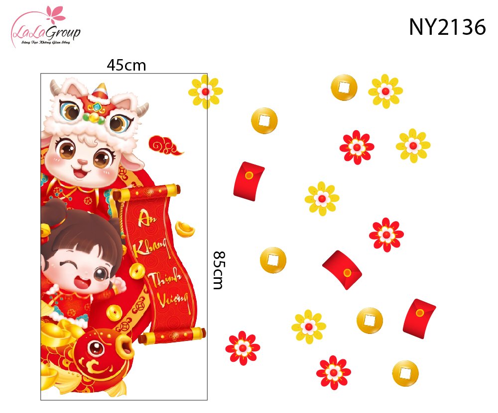 Decal Trang Tr&iacute; Tết D&ecirc; Con V&agrave; B&eacute; G&aacute;i Cầm Liễn An Khang Thịnh Vượng