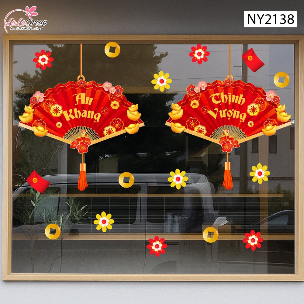 Decal Trang Tr&iacute; Tết Cặp Liễn Quạt An Khang Thịnh Vượng