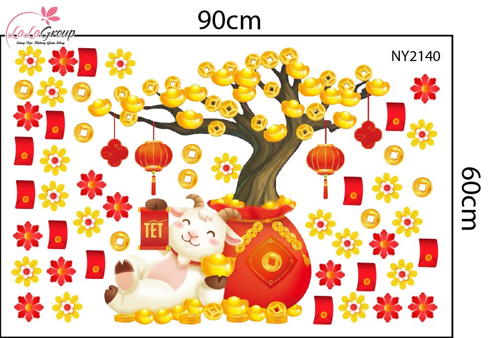 Decal Trang Tr&iacute; Tết Ch&uacute; D&ecirc; Nằm Gốc C&acirc;y V&agrave;ng Ph&uacute; Qu&yacute;