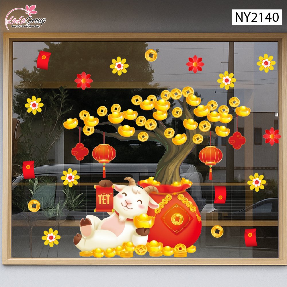 Decal Trang Tr&iacute; Tết Ch&uacute; D&ecirc; Nằm Gốc C&acirc;y V&agrave;ng Ph&uacute; Qu&yacute;