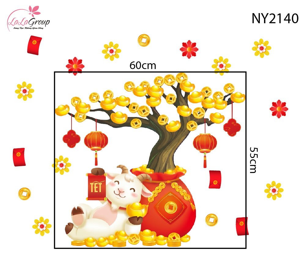 Decal Trang Tr&iacute; Tết Ch&uacute; D&ecirc; Nằm Gốc C&acirc;y V&agrave;ng Ph&uacute; Qu&yacute;