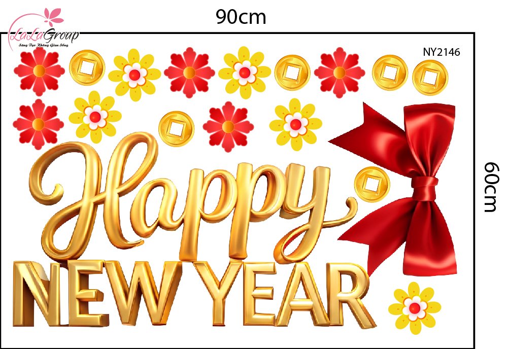 Decal Trang Tr&iacute; Tết Chữ Happy New Year K&egrave;m Nơ Đỏ
