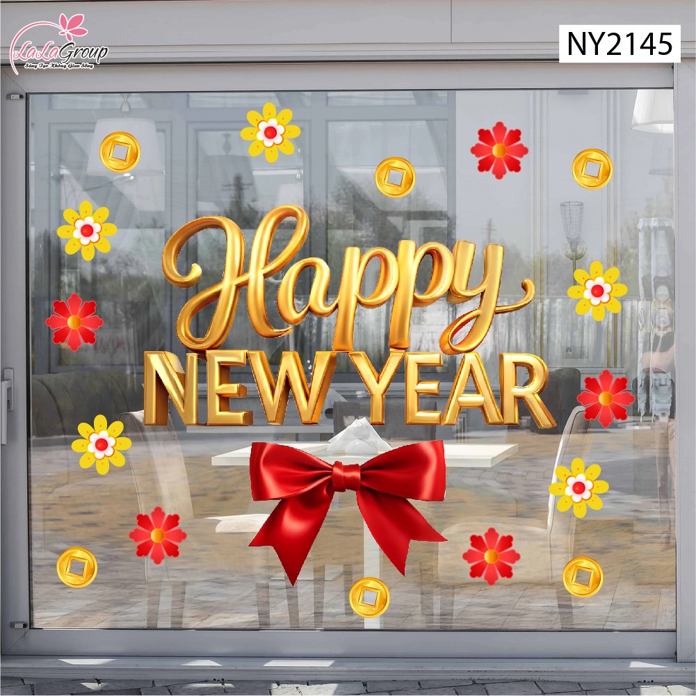 Decal Trang Tr&iacute; Tết Chữ Happy New Year K&egrave;m Nơ Đỏ