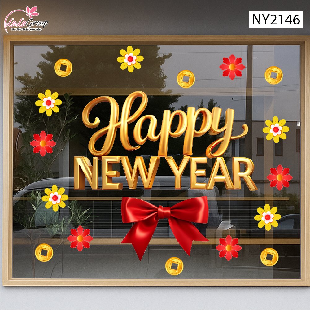 Decal Trang Tr&iacute; Tết Chữ Happy New Year K&egrave;m Nơ Đỏ