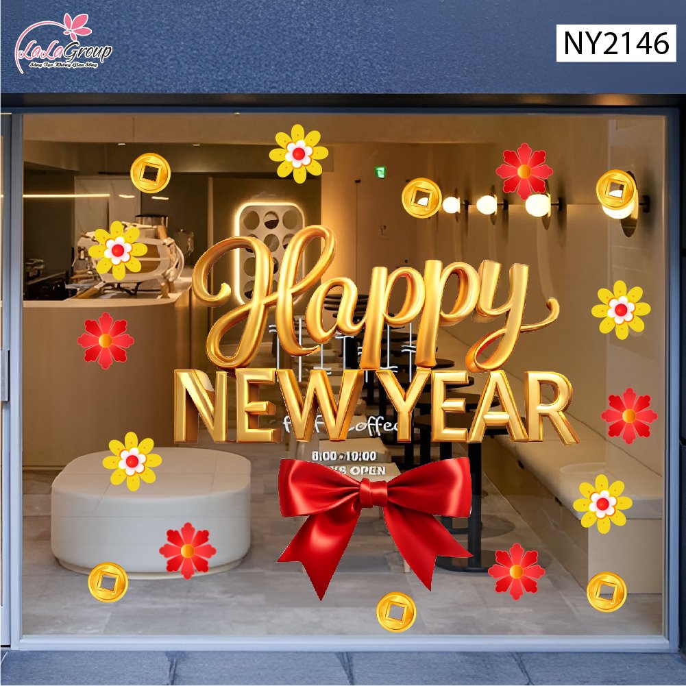Decal Trang Tr&iacute; Tết Chữ Happy New Year K&egrave;m Nơ Đỏ