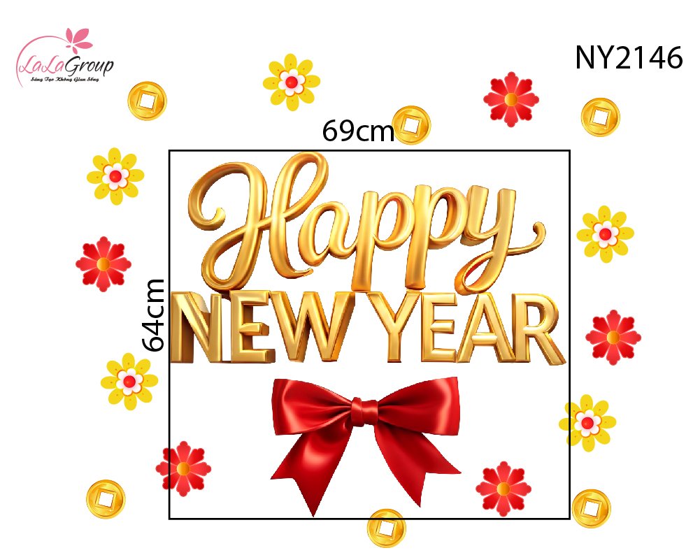 Decal Trang Tr&iacute; Tết Chữ Happy New Year K&egrave;m Nơ Đỏ