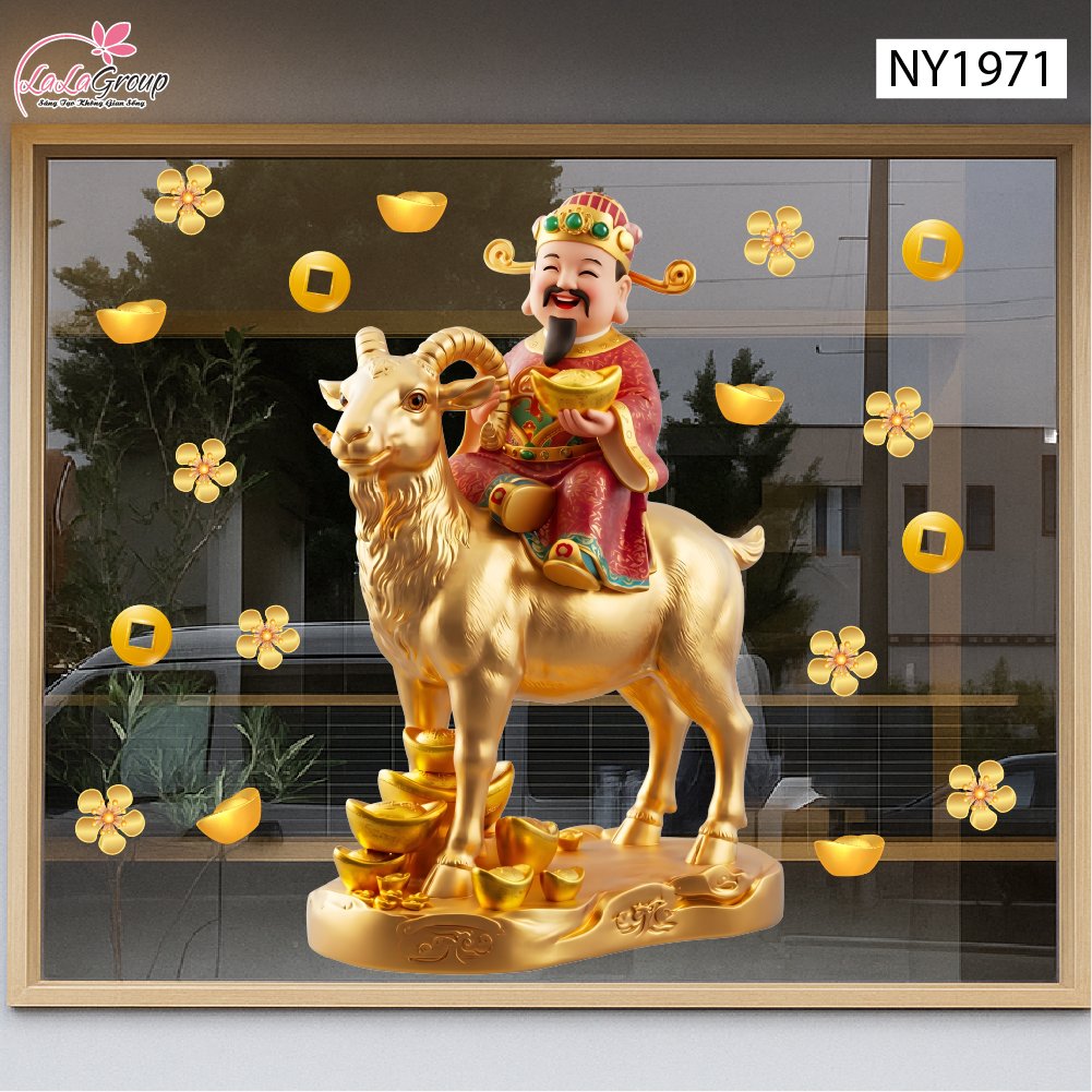 Decal Trang Tr&iacute; Tết Thần T&agrave;i Cưỡi Kim Dương T&agrave;i Lộc