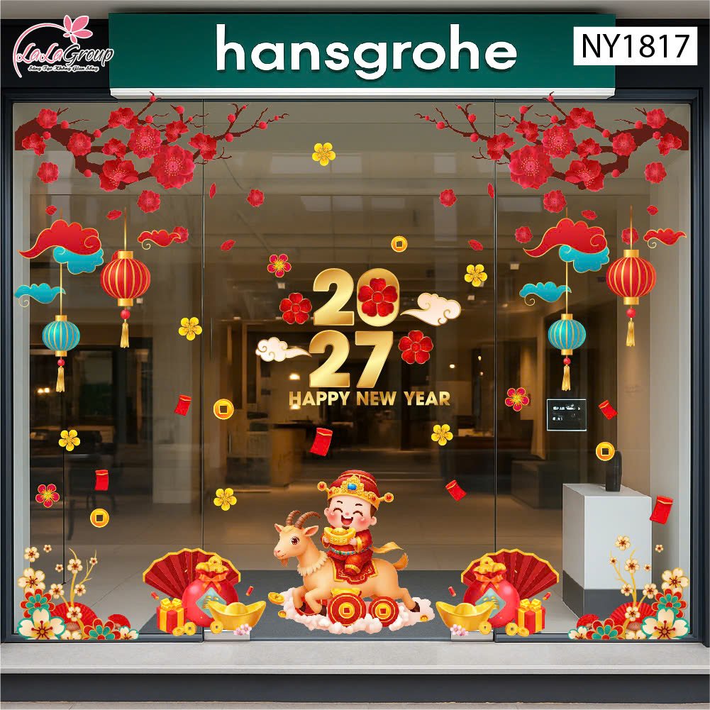Combo Decal Trang Tr&iacute; Tết 2027 Thần T&agrave;i Cưỡi D&ecirc; Rước Lộc Đầu Năm