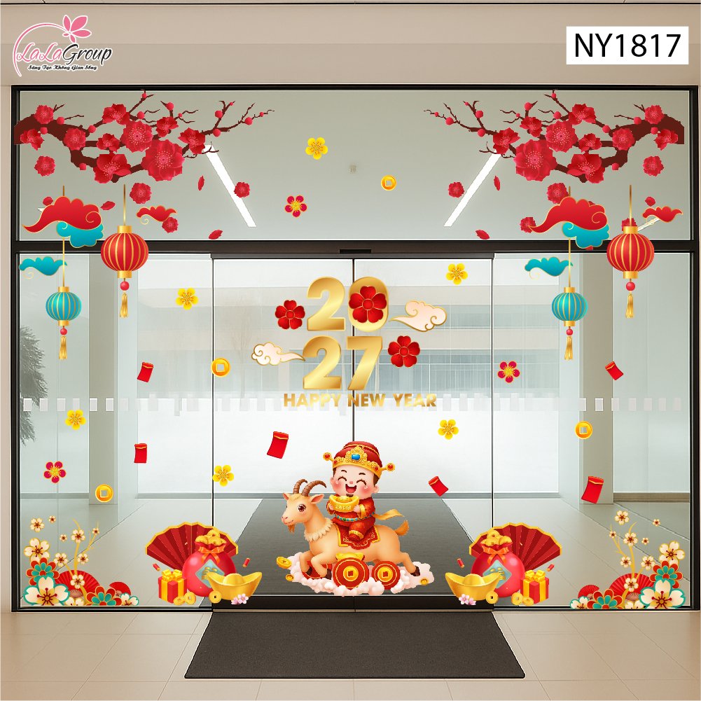 Combo Decal Trang Tr&iacute; Tết 2027 Thần T&agrave;i Cưỡi D&ecirc; Rước Lộc Đầu Năm