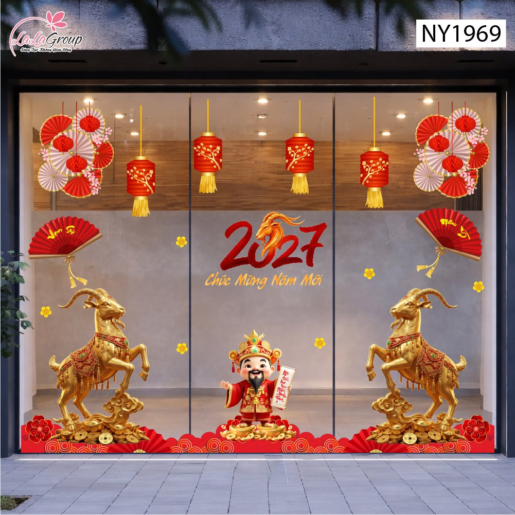 Combo Decal Trang Tr&iacute; Tết Thần T&agrave;i Ch&uacute;c Mừng Năm Mới Hạnh Ph&uacute;c