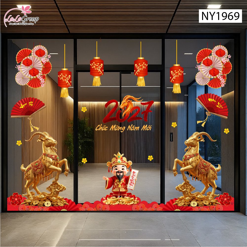 Combo Decal Trang Tr&iacute; Tết Thần T&agrave;i Ch&uacute;c Mừng Năm Mới Hạnh Ph&uacute;c