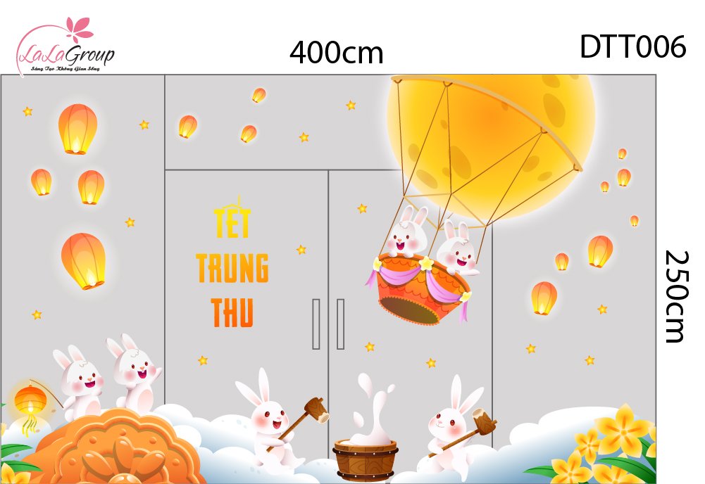Combo Decal Trang Tr&iacute; Trung Thu Thỏ Ngọc Thả Đ&egrave;n Cung Trăng