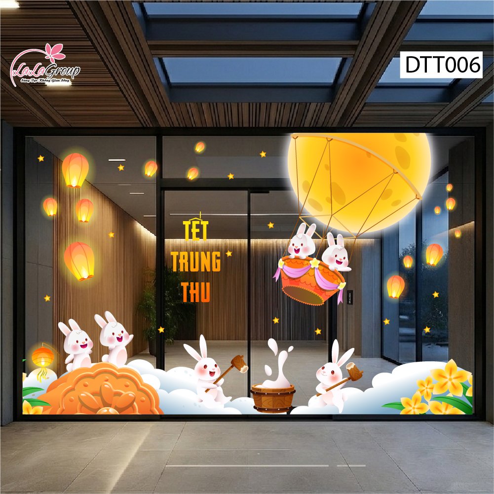 Combo Decal Trang Tr&iacute; Trung Thu Thỏ Ngọc Thả Đ&egrave;n Cung Trăng
