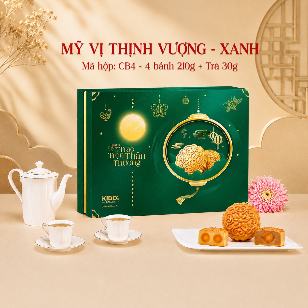 (CB4) Hộp 4 B&aacute;nh Trung Thu Kido Mỹ Vị Thịnh Vượng Xanh L&aacute;