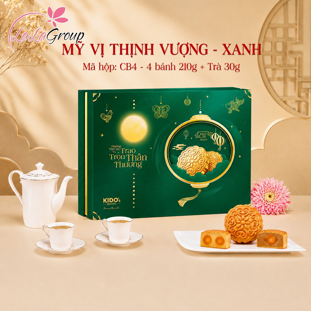 (CB4) Hộp 4 B&aacute;nh Trung Thu Kido Mỹ Vị Thịnh Vượng Xanh L&aacute;