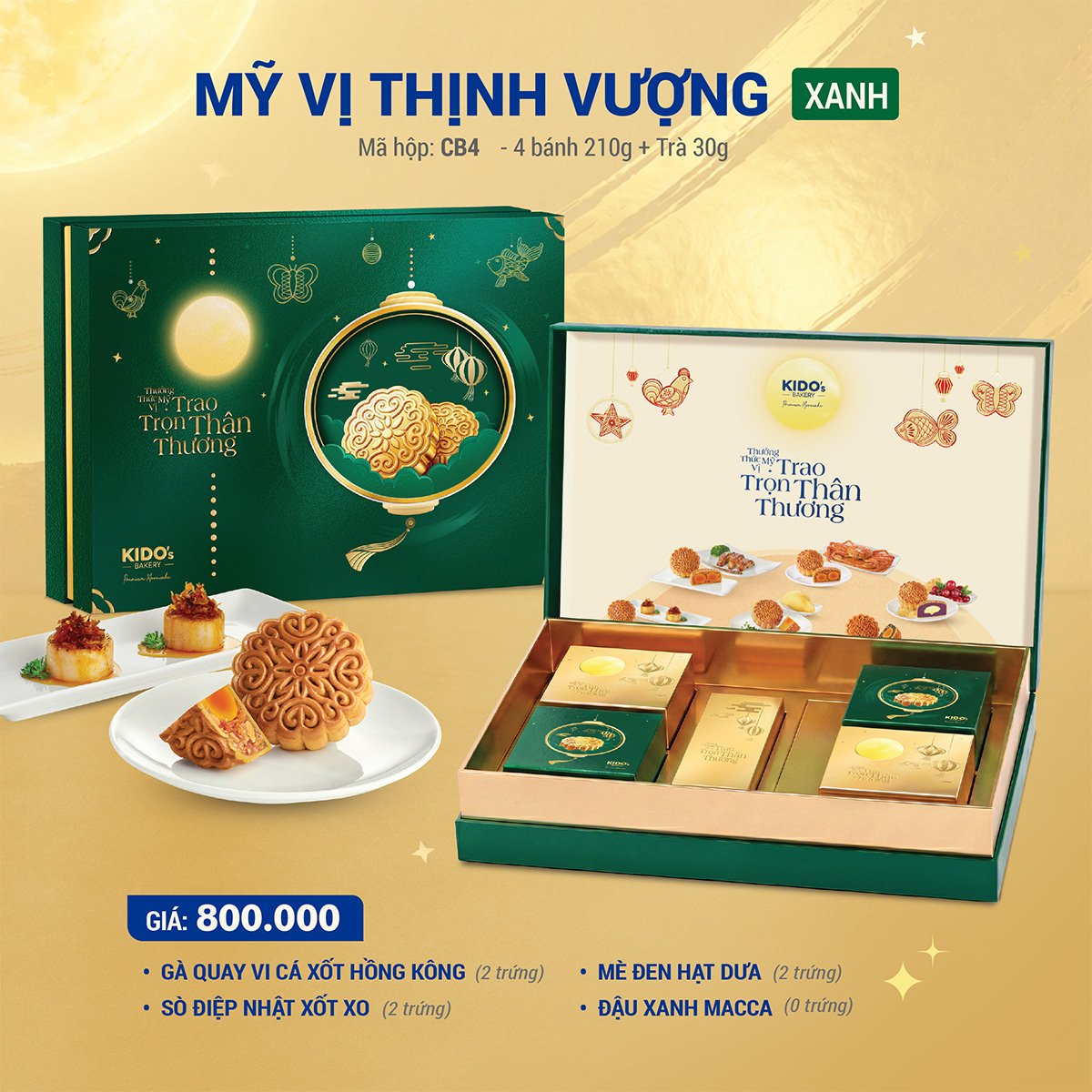 (CB4) Hộp 4 B&aacute;nh Trung Thu Kido Mỹ Vị Thịnh Vượng Xanh L&aacute;