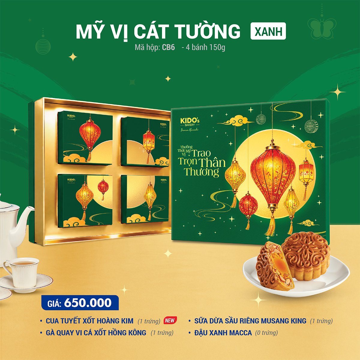 (CB6) Hộp 4 B&aacute;nh Trung Thu Kido Mỹ Vị C&aacute;t Tường Xanh L&aacute;