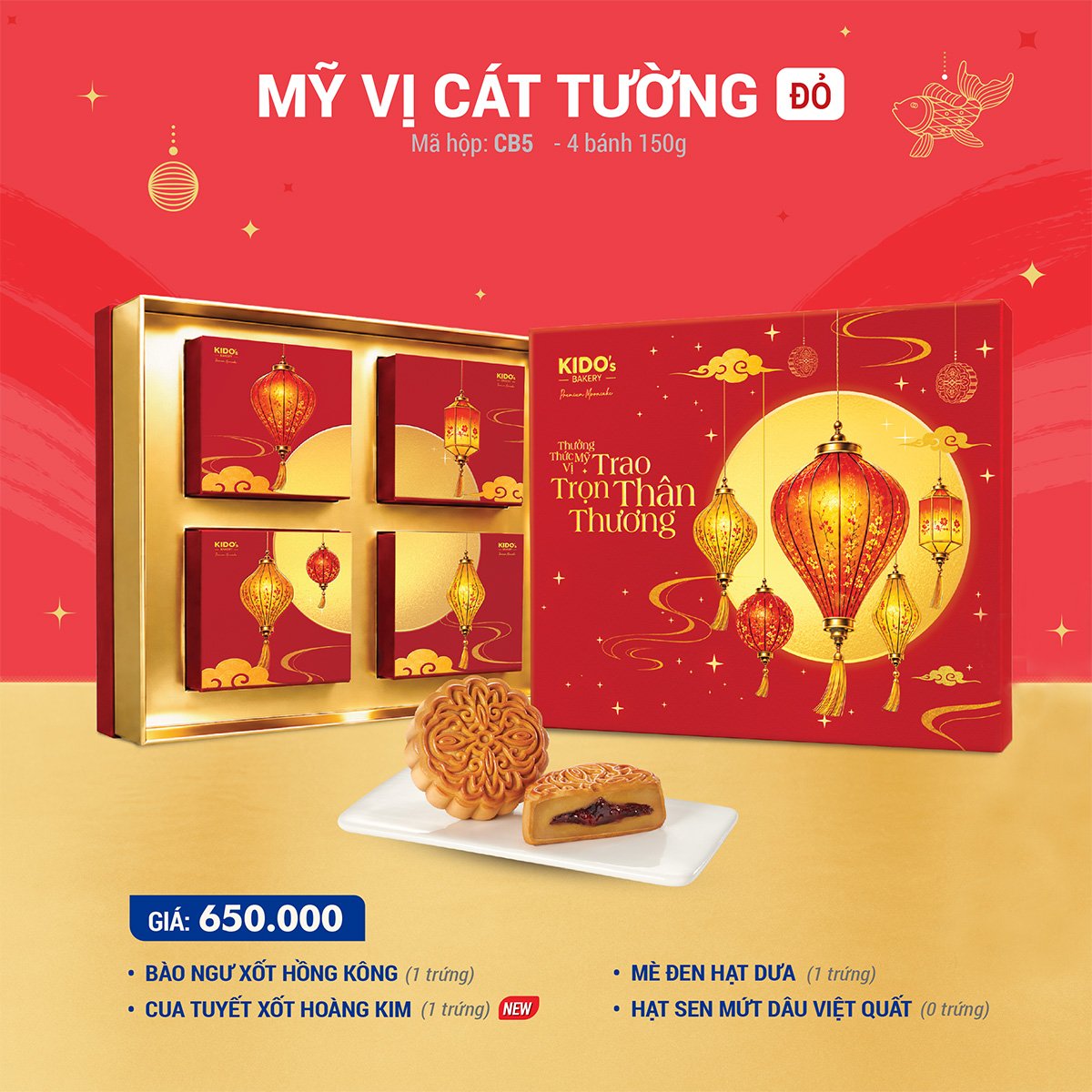 (CB5) Hộp 4 B&aacute;nh Trung Thu Kido Mỹ Vị C&aacute;t Tường Đỏ