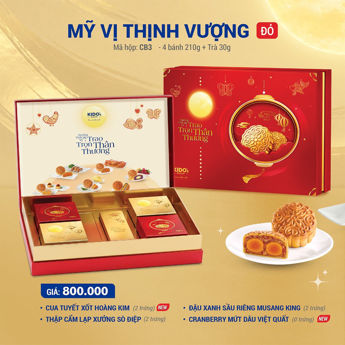 (CB3) Hộp 4 Bánh Trung Thu Kido Mỹ Vị Thịnh Vượng Đỏ